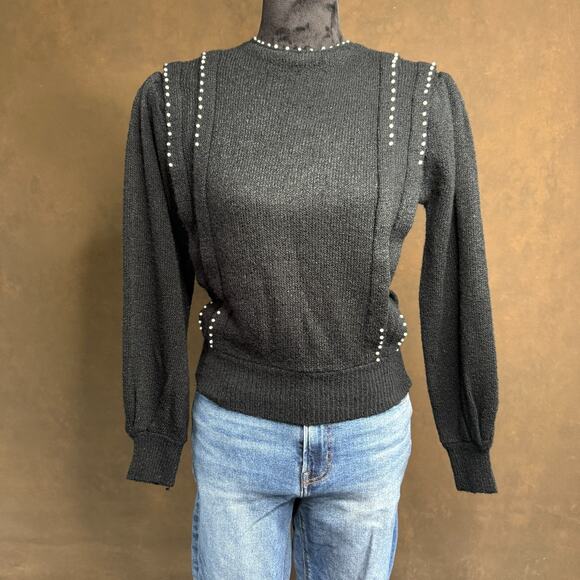 Vintage Donagain Black Beaded Pearl Accent Sweater Acrylic Knit Sz M - Picture 2 of 11
